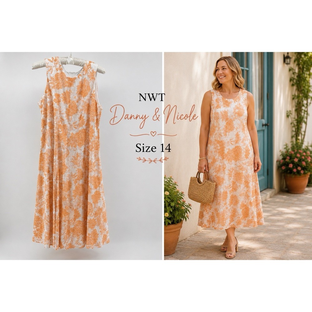 Danny & Nicole Orange Floral Lace Midi Dress Size 14 Sleeveless Lined NWT Spring